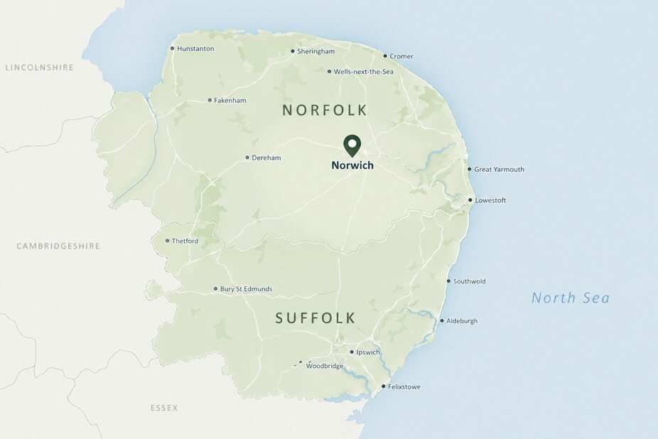 Map showing Bailey Events Norfolk's coverage area — Norfolk and Suffolk, centred on Norwich